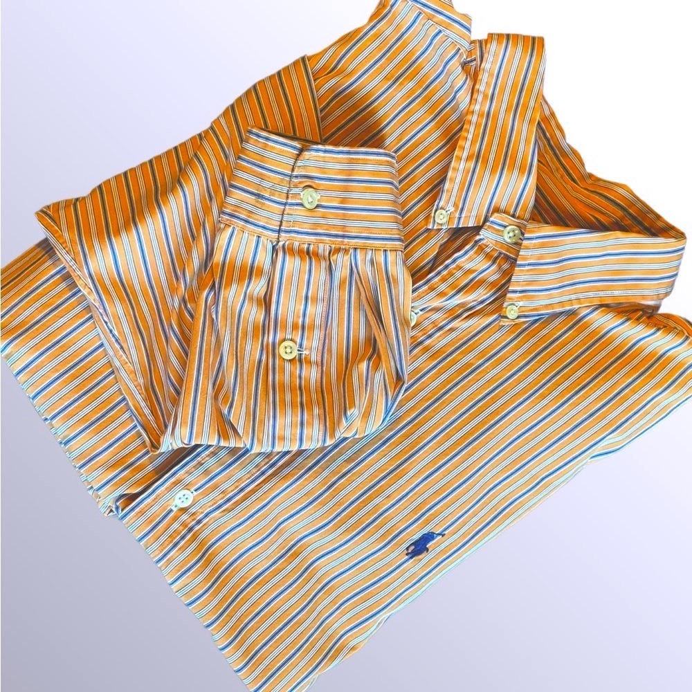 Ralph Lauren Custum Fit 100% Cotton Blue Orange Stripe Button Down Shirt in‎ XXL